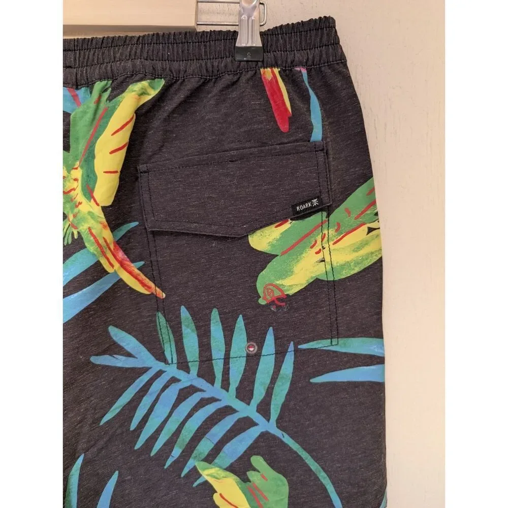 Roark Swim Shorts Mens XL Shorey Macaw Black Parrot Floral Hemp Blend Unlined